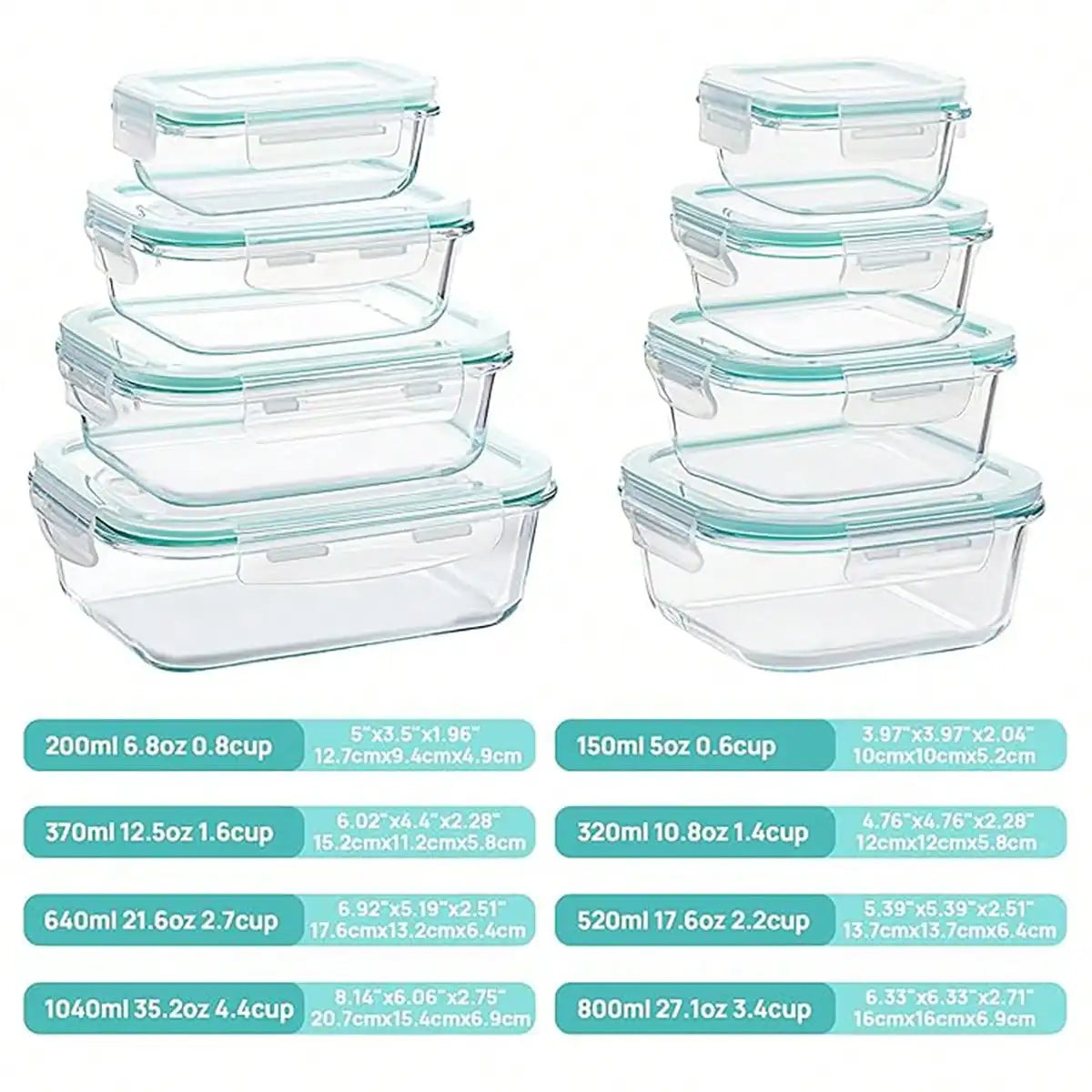 8PCS Glass Food Storage Containers With Lids, Food Storage Containers, Leak-Proof, Suitable For Fruits, Vegetables, Kitchen, Picnic, Meal Preparation, Refrigerator