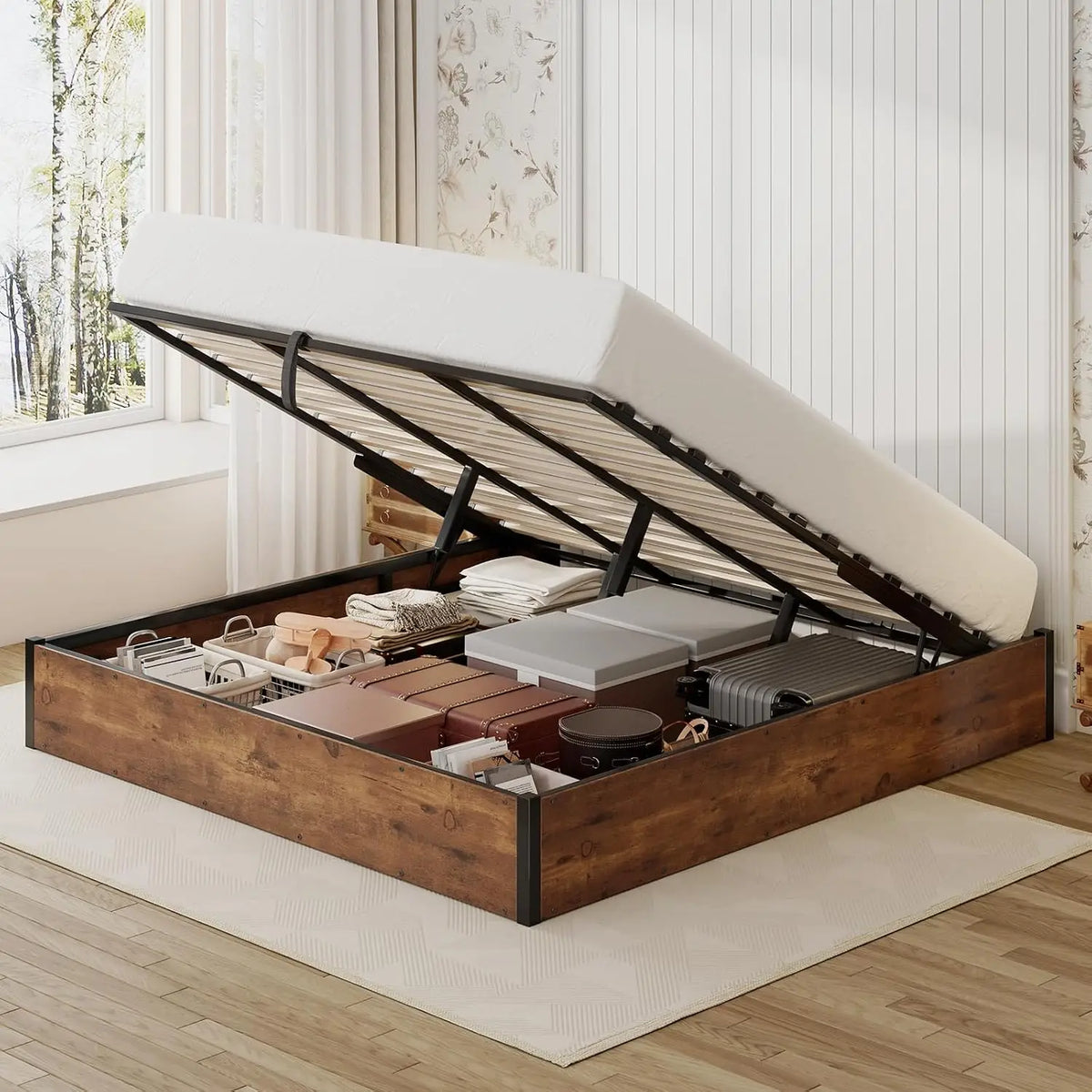 Queen Bed Frame with Lift Up Storage, Wooden Platform with Underbed Space, Rustic Brown, Customized