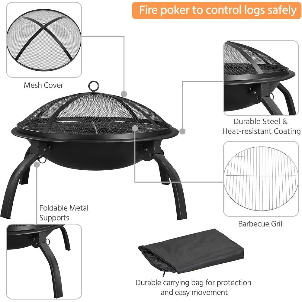 21In Portable Folding Steel Outdoor Fire Pit With Carrying Bag Spark Screen BBQ Grill Log Grate For Patio Backyard Camping Outdoor Bonfire Activity