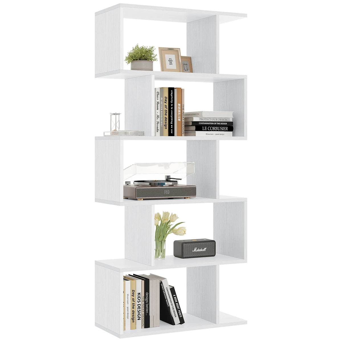 JHK 62IN Geometric Bookcase 5 Tier S-Shaped Wooden Display Bookshelf Storage Standing Shelf Stable Frame Graduated Shelves