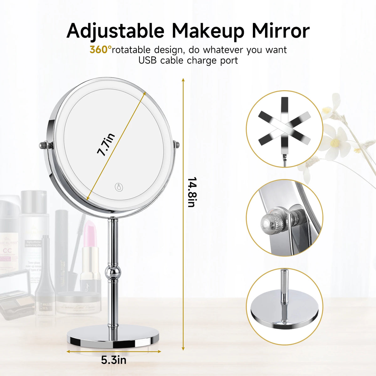 Double Sided LED Lighted Makeup Mirror, Height Adjustable Touch Control Vanity Mirror with Ring Light, 360° Swivel 1X/10X Magnification Cosmetic Mirror for Bathroom Dresser Tabletop