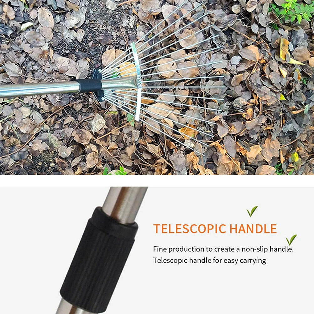 E2 Adjustable Garden Leaf Rake Telescopic Hoe Grass Tool Multi Toothed Metal Rake for Deciduous Hay Grass of Lawn and Yard Tools