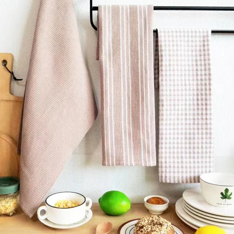 3pcs 100% Natural Cotton Kitchen Towels Classic Plaid Tea Towels Dish Cloth Absorbent Lint-Free Machine Tableware Household