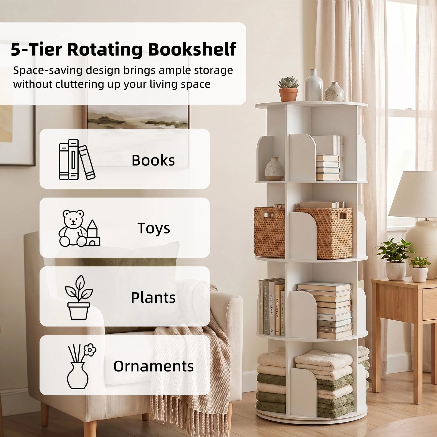 JHK 3-4 Tier Rotating Storage Bookshelf 360° Display Revolving Bookcase Freestanding Vertical Corner Book Shelf for Bedroom Living Room