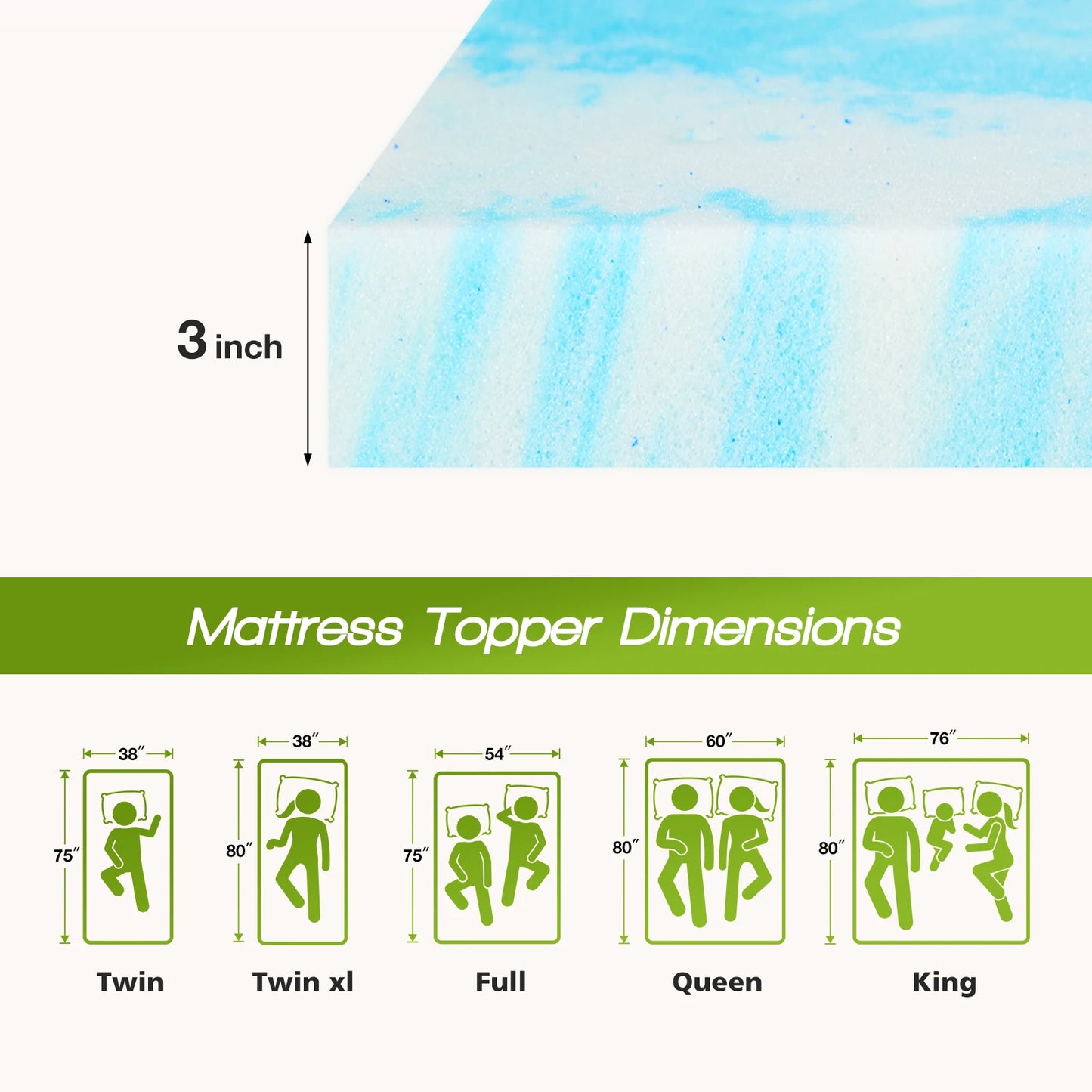 JHK 2-4 Inch Memory Foam Soft Mattress Topper Thick Gel Cooling Mattress Soft and Breathable Bed Topper Bedroom Furniture