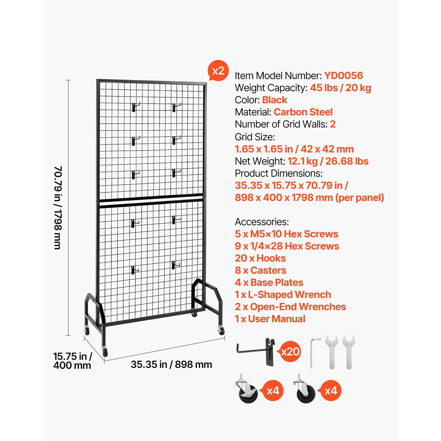 SucceBuy Grid Wall Panel Wire Grid Panels Display Rack Movable Art Display Shelf with Wheel Carbon Steel Gridwall for Craft Show