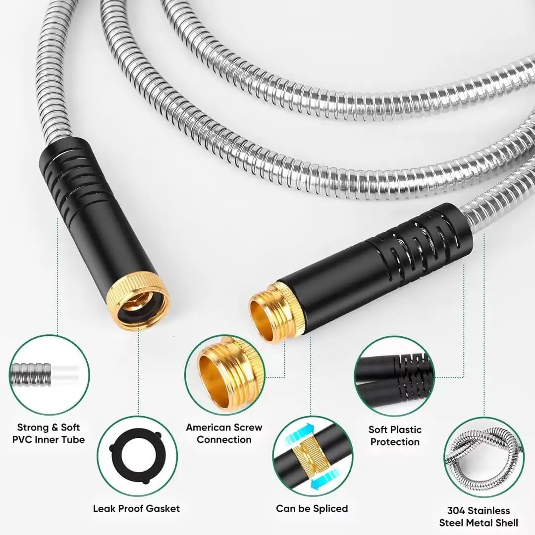 100ft Stainless Steel Garden Hose with 10 Nozzles, No Kink, Lightweight & Flexible