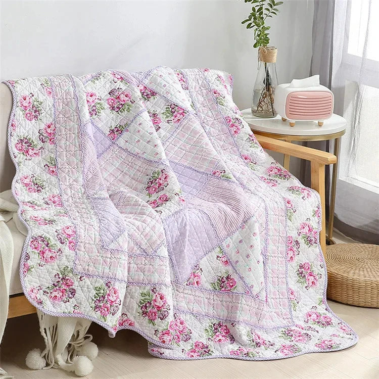 Floral Plaid Blanket, Cotton Quilt, Bedspread on the Bed, Applique Duvet, Quilted European Coverlet, Cubrecam Linen Bed Cover
