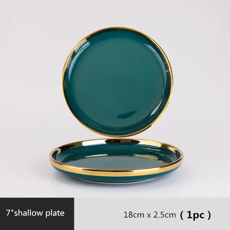 Luxury Forest Green Ceramic Dinnerware Set Include Shallow Plates Rice Soup Bowls Fish Dish And Spoon