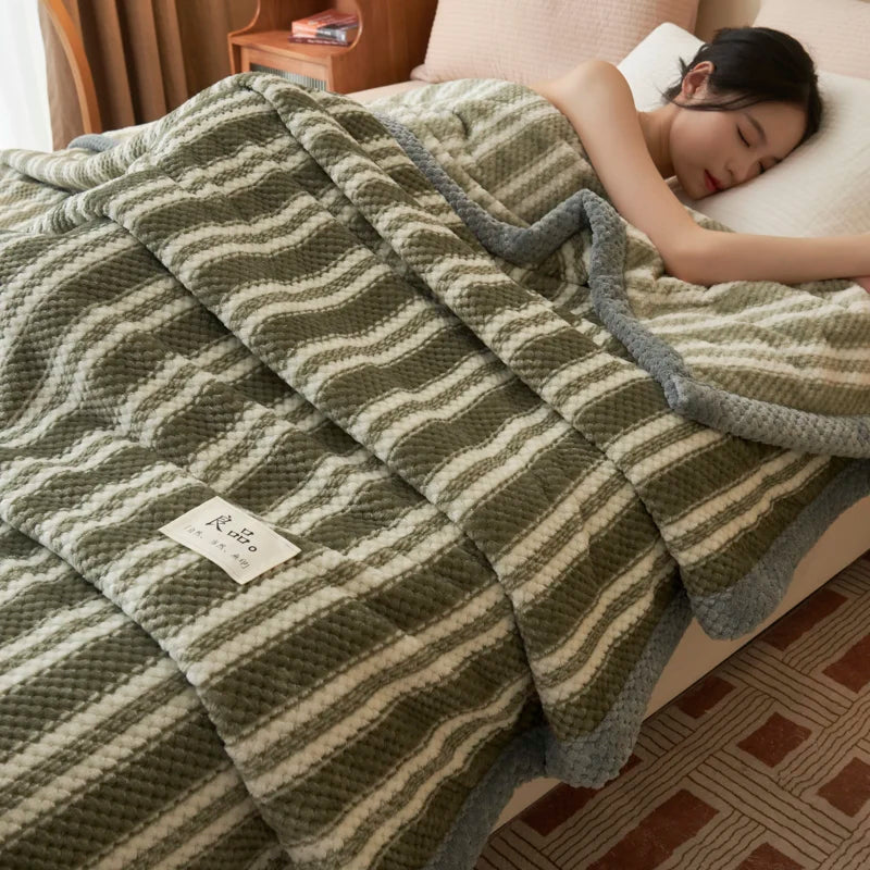 Japanese Style Plaid Pattern Velvet Blanket for Sofa Bed Spring Autumn Soft Warm Coral Fleece Blanket or Blanket and Pillowcases