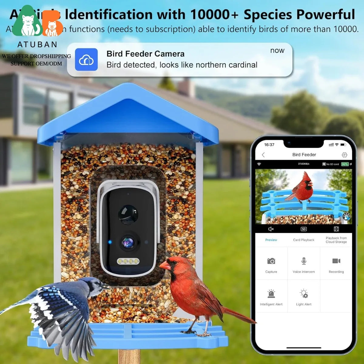 ATUBAN Smart Bird Feeder with Camera, AI Bird Species Identification Solar Powered Panel, 2.5k HD Video Bird House with Camera