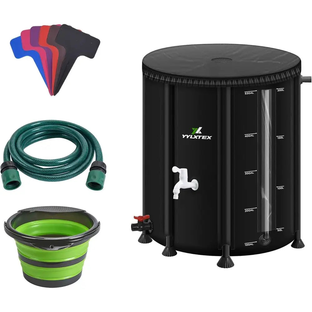 Collapsible 53 Gallon 200L Rainwater Collection Barrel with 2mm Reinforcement, Portable Rain Catcher, Quick-Connect Tap & Sprink