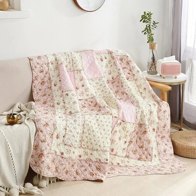 Floral Plaid Blanket, Cotton Quilt, Bedspread on the Bed, Applique Duvet, Quilted European Coverlet, Cubrecam Linen Bed Cover