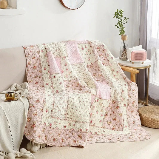 Floral Plaid Blanket, Cotton Quilt, Bedspread on the Bed, Applique Duvet, Quilted European Coverlet, Cubrecam Linen Bed Cover