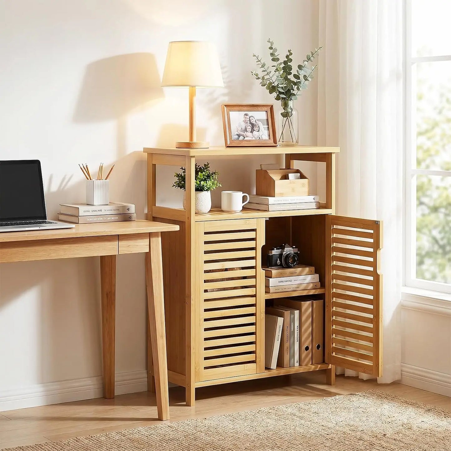 Bamboo Freestanding Bathroom Floor Storage Cabinet with Doors & Shelf | Versatile Cabinet for Living Room Entryway Hallway, Spac
