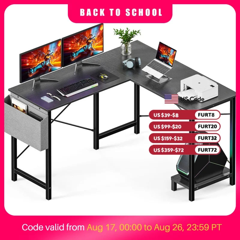 JHK Gaming Corner 50 Inch Office Writing PC Wooden Table with CPU Storage Shelf & Side Bag for Home Office Bedroom Small Space