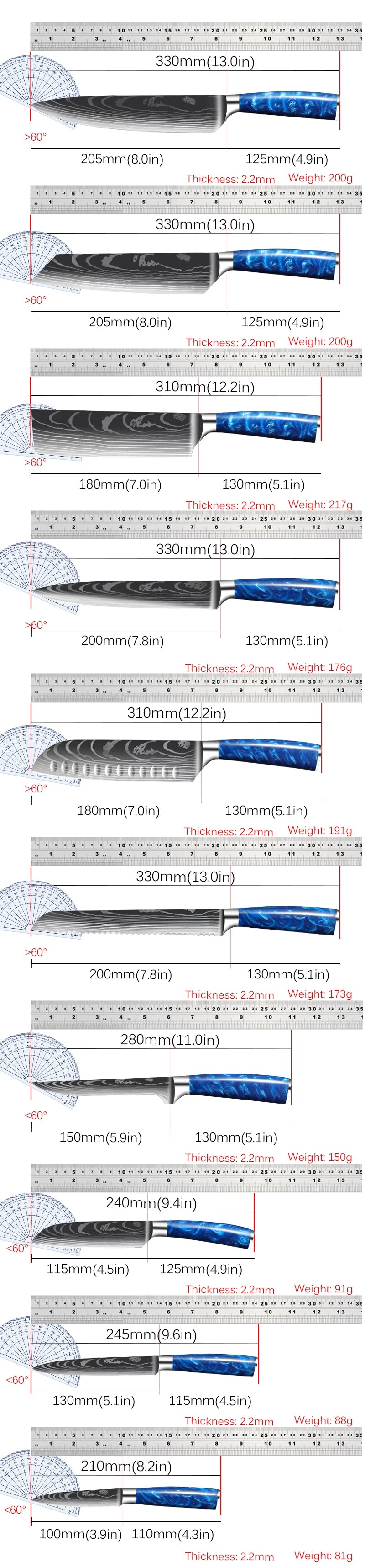 Japanese Santoku Knife 10pcs Damascus Pattern Knives Set Chef's Knife Boning Knife Meat Cleaver Vegetable Slicing Knives