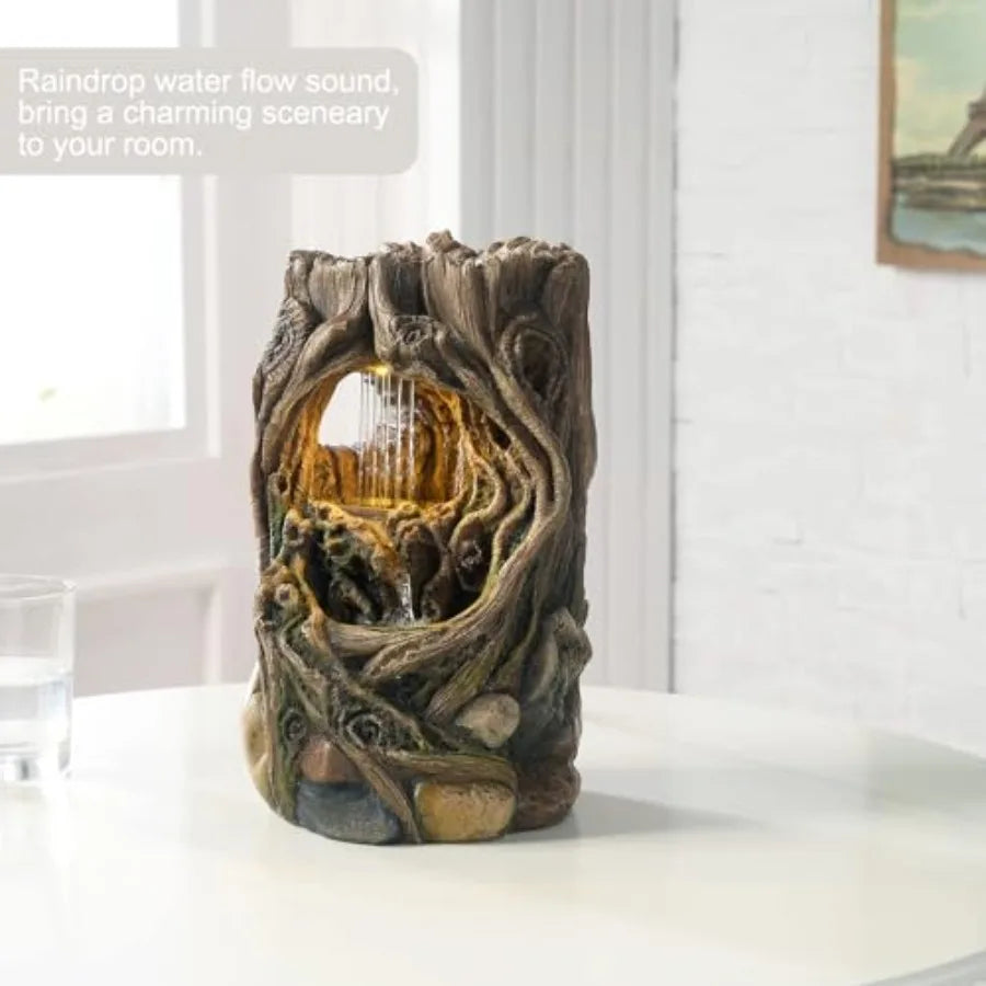 Tabletop Fountains Beautiful Stump Water Fountain Relaxation Raindrop Fountains Meditation Desk Fountain Artistic Waterfall Fou