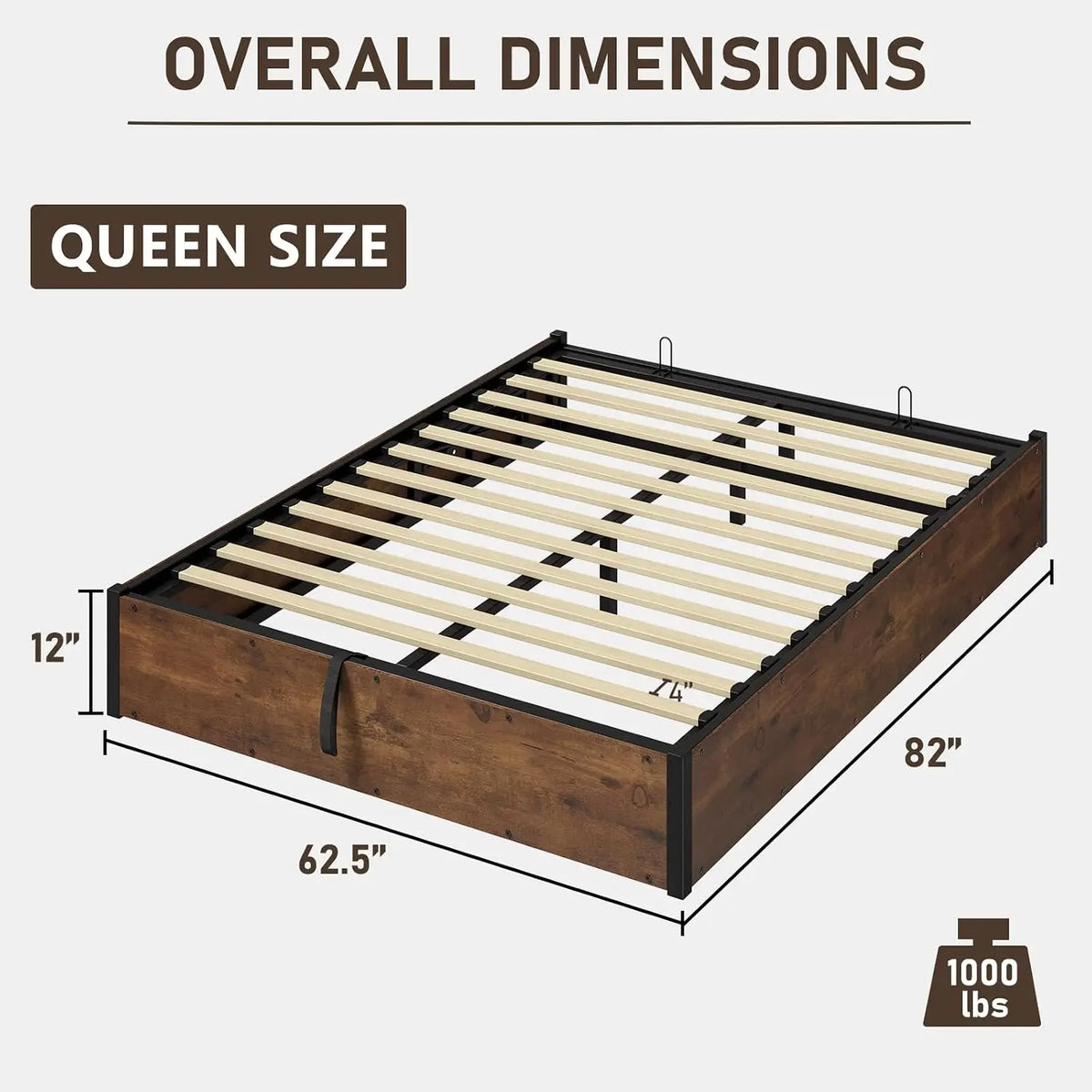 Queen Bed Frame with Lift Up Storage, Wooden Platform with Underbed Space, Rustic Brown, Customized