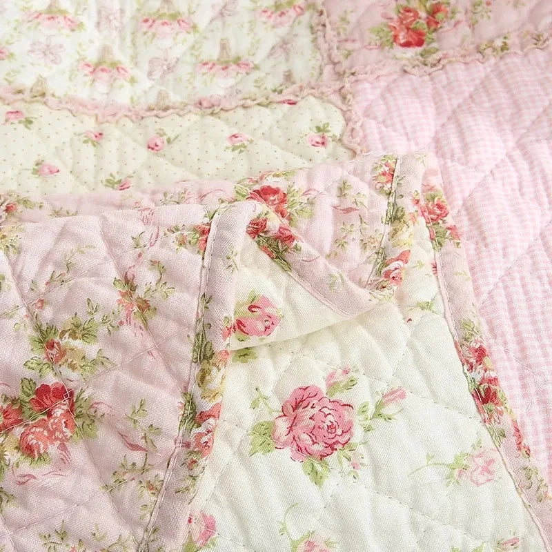 Floral Plaid Blanket, Cotton Quilt, Bedspread on the Bed, Applique Duvet, Quilted European Coverlet, Cubrecam Linen Bed Cover