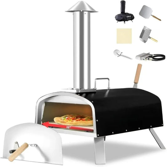 16" Outdoor Pizza Oven Propane and Wood Fired Stainless Steel Grill with Gas Burner, Wood Tray  Stone,  Peel