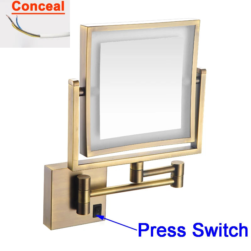 Rose Gold Square Led Bathroom Mirror Wall Mounted Lighted Bathroom Makeup Mirror Accessories 3X Magnifying Bathroom Mirrors