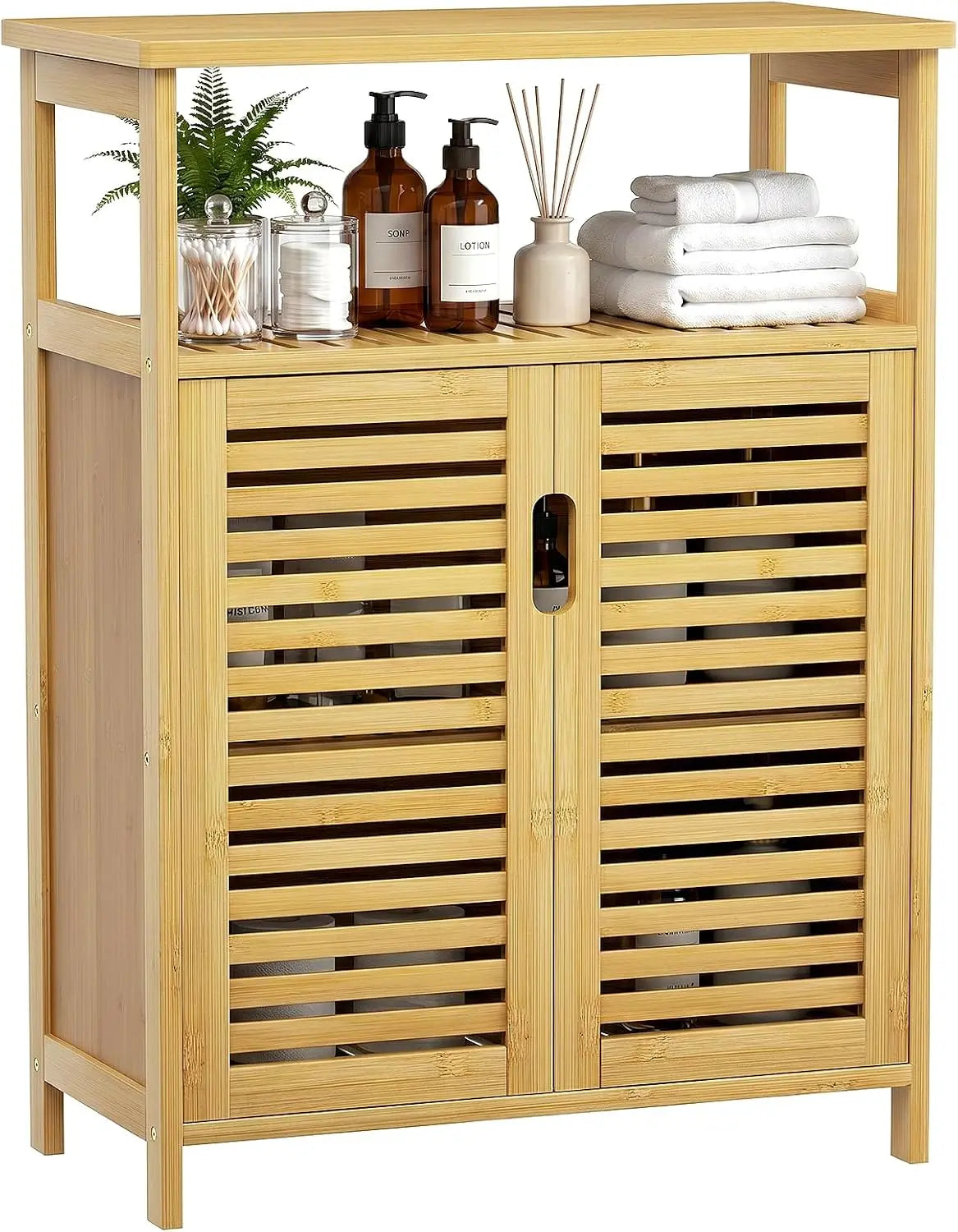 Bamboo Freestanding Bathroom Floor Storage Cabinet with Doors & Shelf | Versatile Cabinet for Living Room Entryway Hallway, Spac