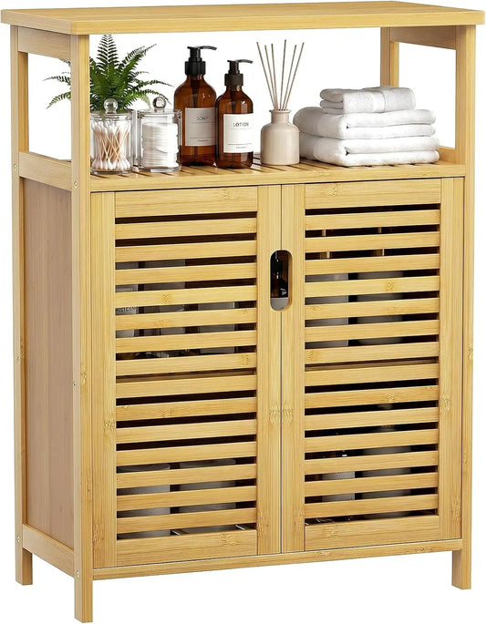 Bamboo Freestanding Bathroom Floor Storage Cabinet with Doors & Shelf | Versatile Cabinet for Living Room Entryway Hallway, Spac