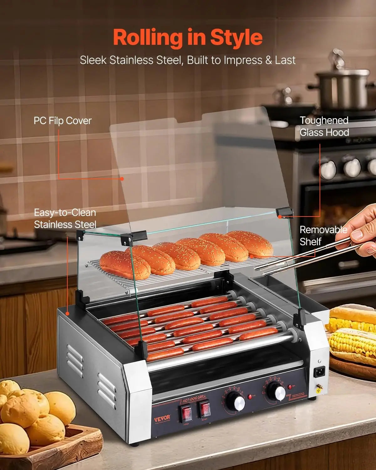 Hot Dog Roller, 18 Hot Dog 7 Rollers, Stainless Steel Sausage Grill Cooker, 1050W Commercial Hot Dog Machine with Dual Temp Cont