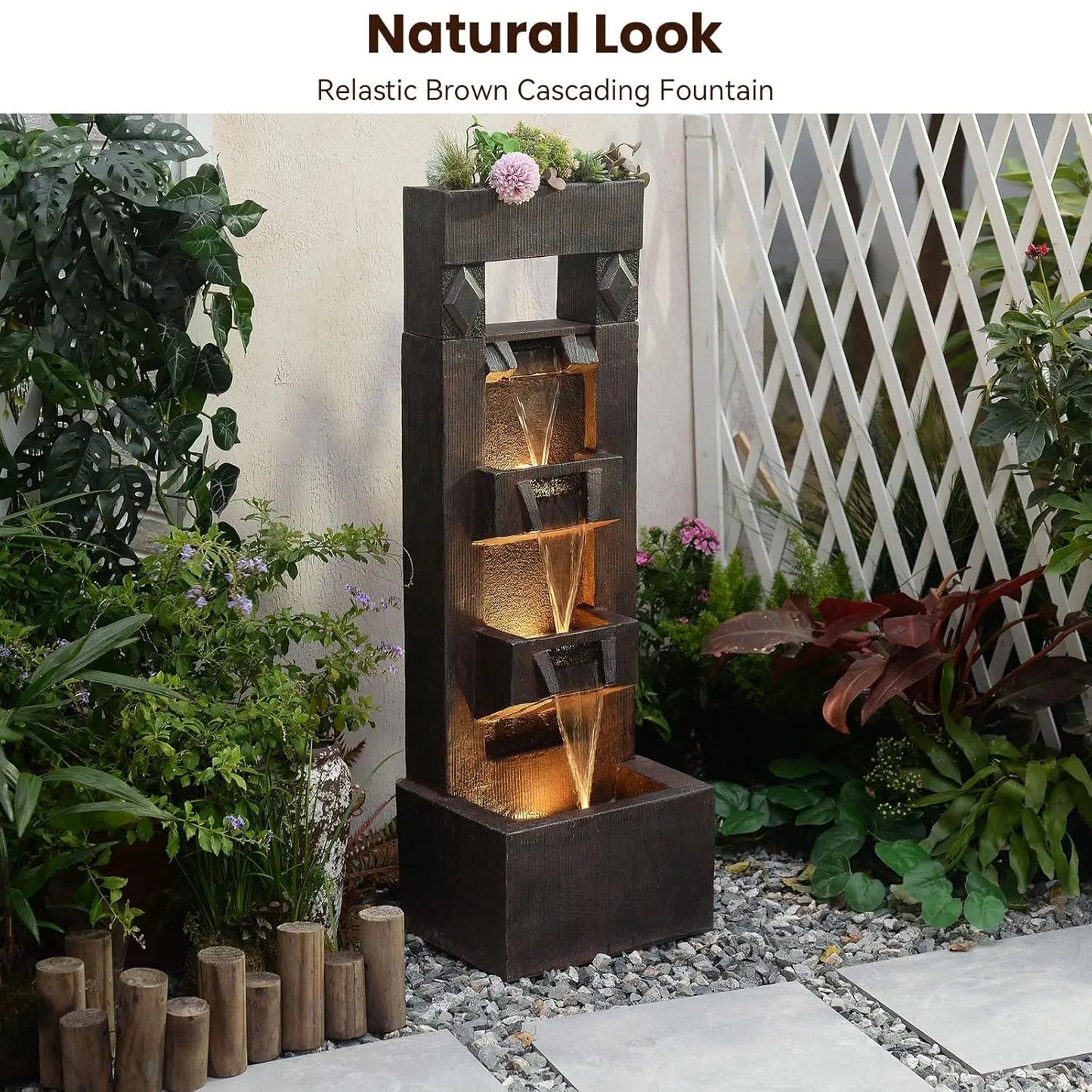 40.9" H 4-Tier Indoor/Outdoor Modern Water Fountain with Led Lights and Pump, Outdoor Freestanding Cascading Waterfall, Custom