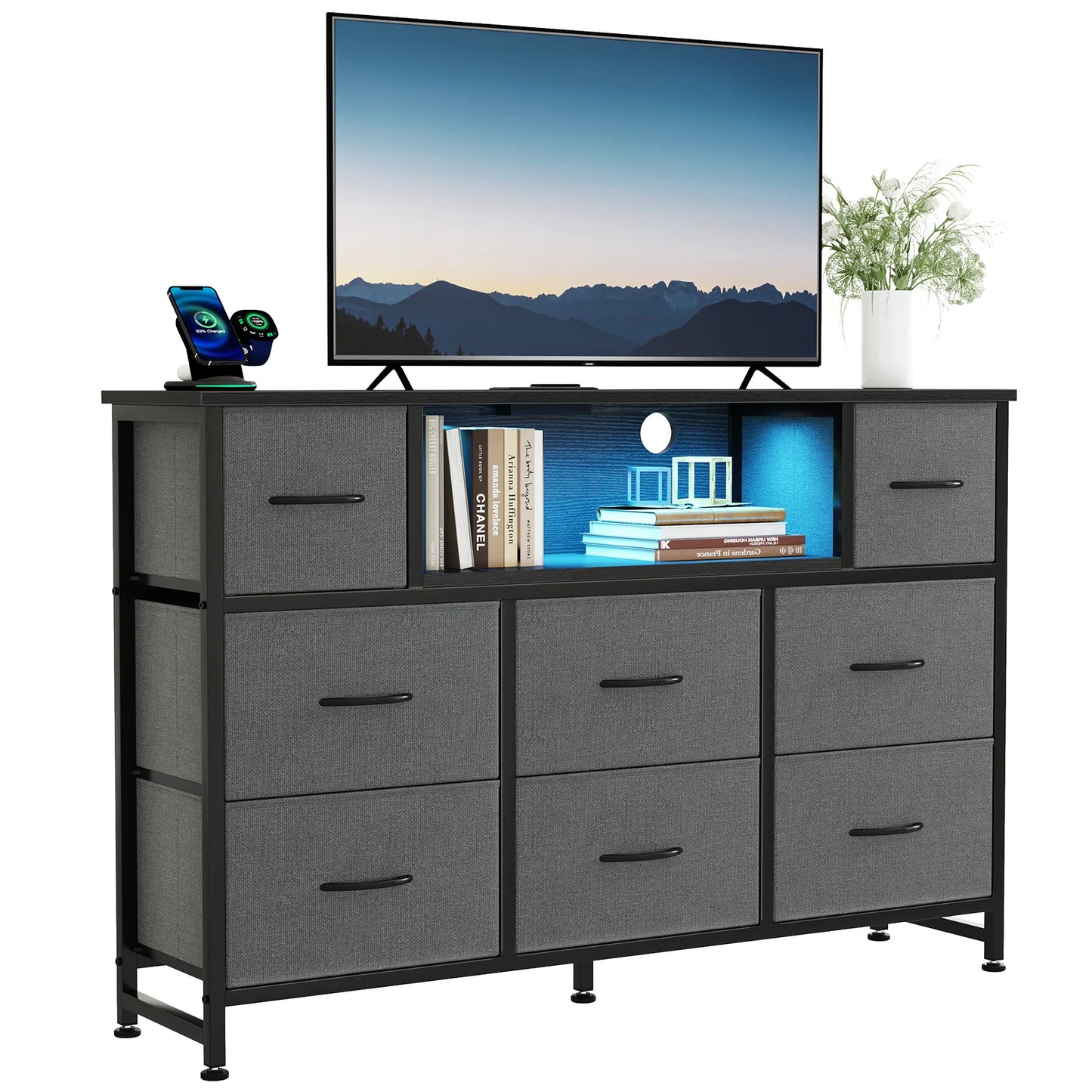 JHK LED TV Stand Dresser with 8 Fabric Drawers Entertainment Center with Charging Station and Open Shelves Wood Top Media Console for 45-55 inch