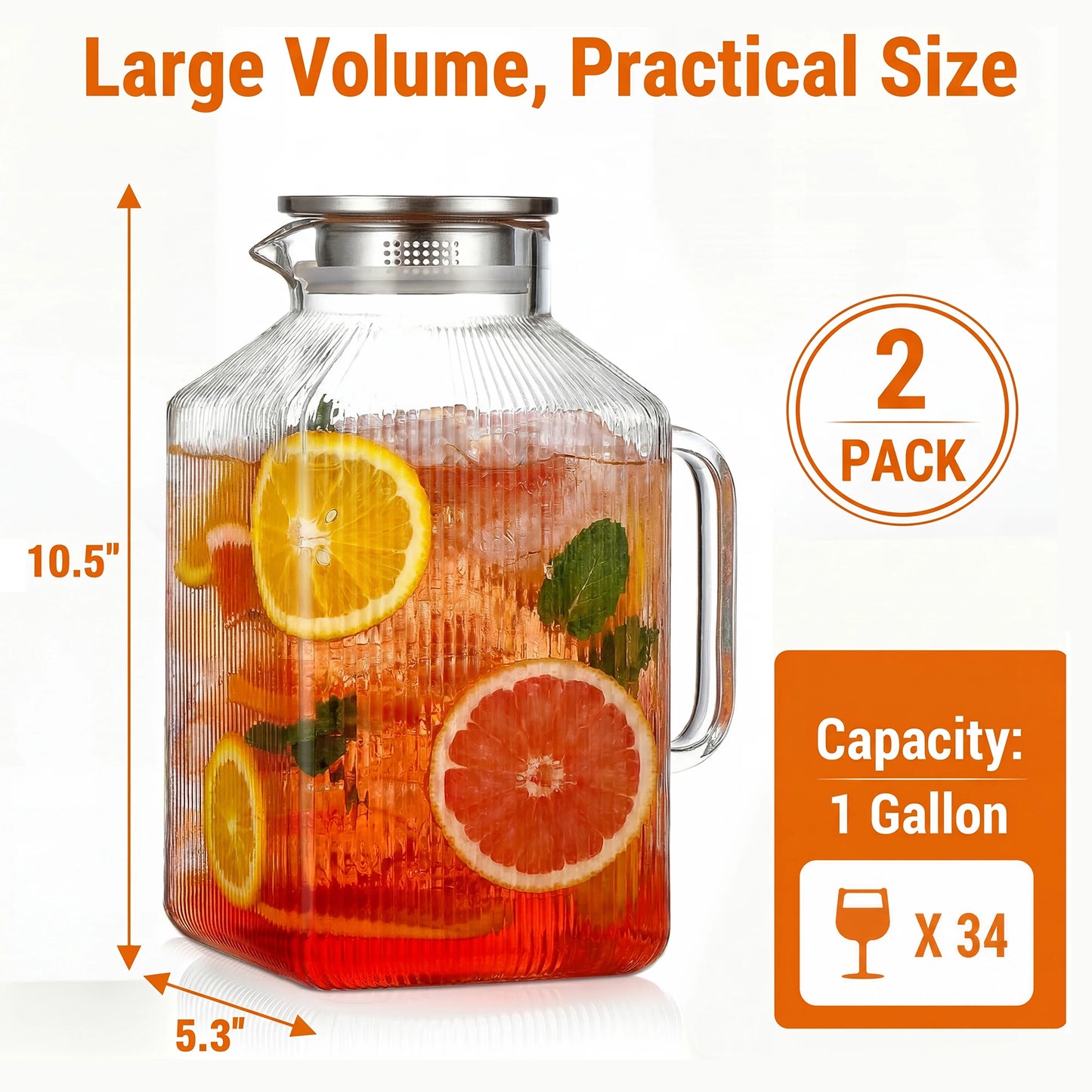 2 Pack 1 Gallon Large Glass Water Pitcher with Handle and Strainer Lid, 3800ml Big Glass Beverage Pitcher for Fridge, Iced Tea, Juice, Sangria, Hot & Cold Daily Drinks