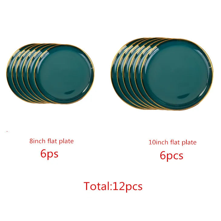 Luxury Forest Green Ceramic Dinnerware Set Include Shallow Plates Rice Soup Bowls Fish Dish And Spoon