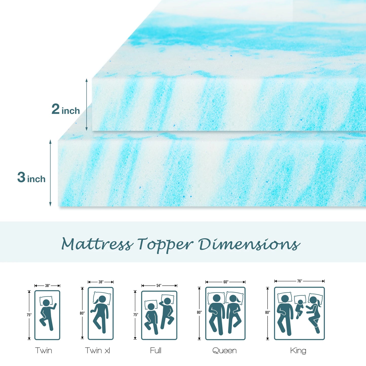 JHK 2-4 Inch Memory Foam Soft Mattress Topper Thick Gel Cooling Mattress Soft and Breathable Bed Topper Bedroom Furniture