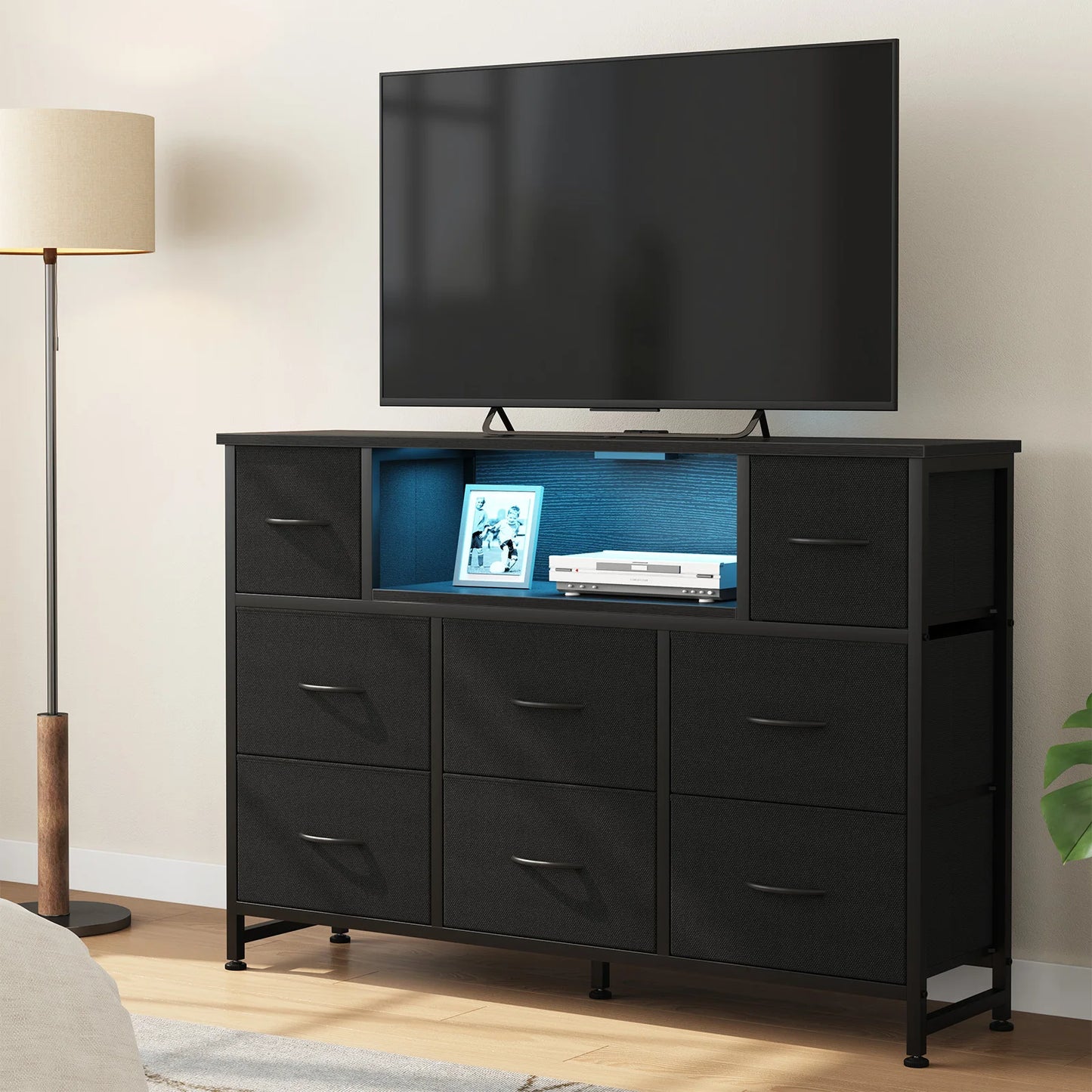 JHK LED TV Stand Dresser with 8 Fabric Drawers Entertainment Center with Charging Station and Open Shelves Wood Top Media Console for 45-55 inch