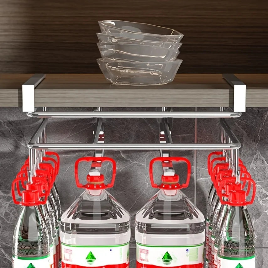 Stainless Steel No-Drill Kitchen Storage Rack for Hanging Under Cabinets, with a Board Holder, Paper Towel Holder, And Pot Lid Organizer