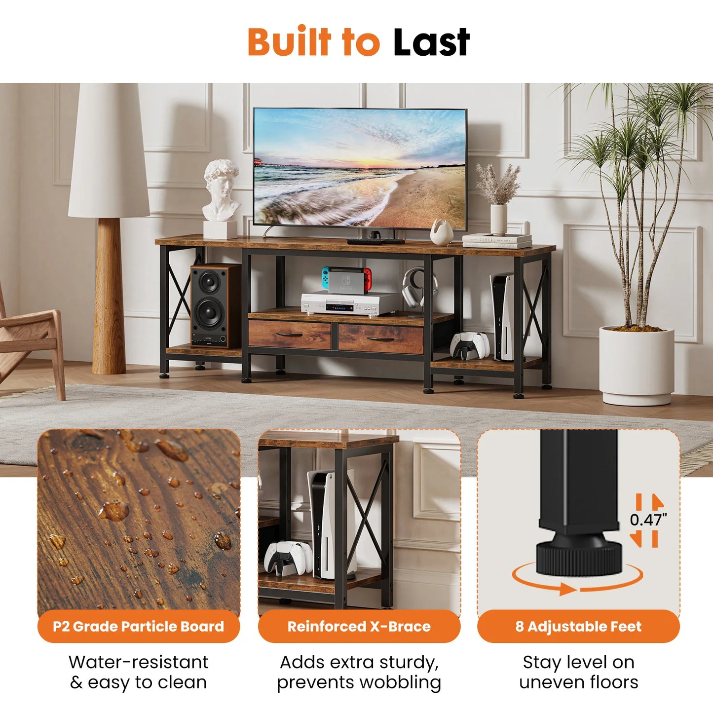JHK Wooden TV Stand For Up To 70/75 Inch TV with Drawers Television Stands Media Console with Charging Station Drawers Shelf