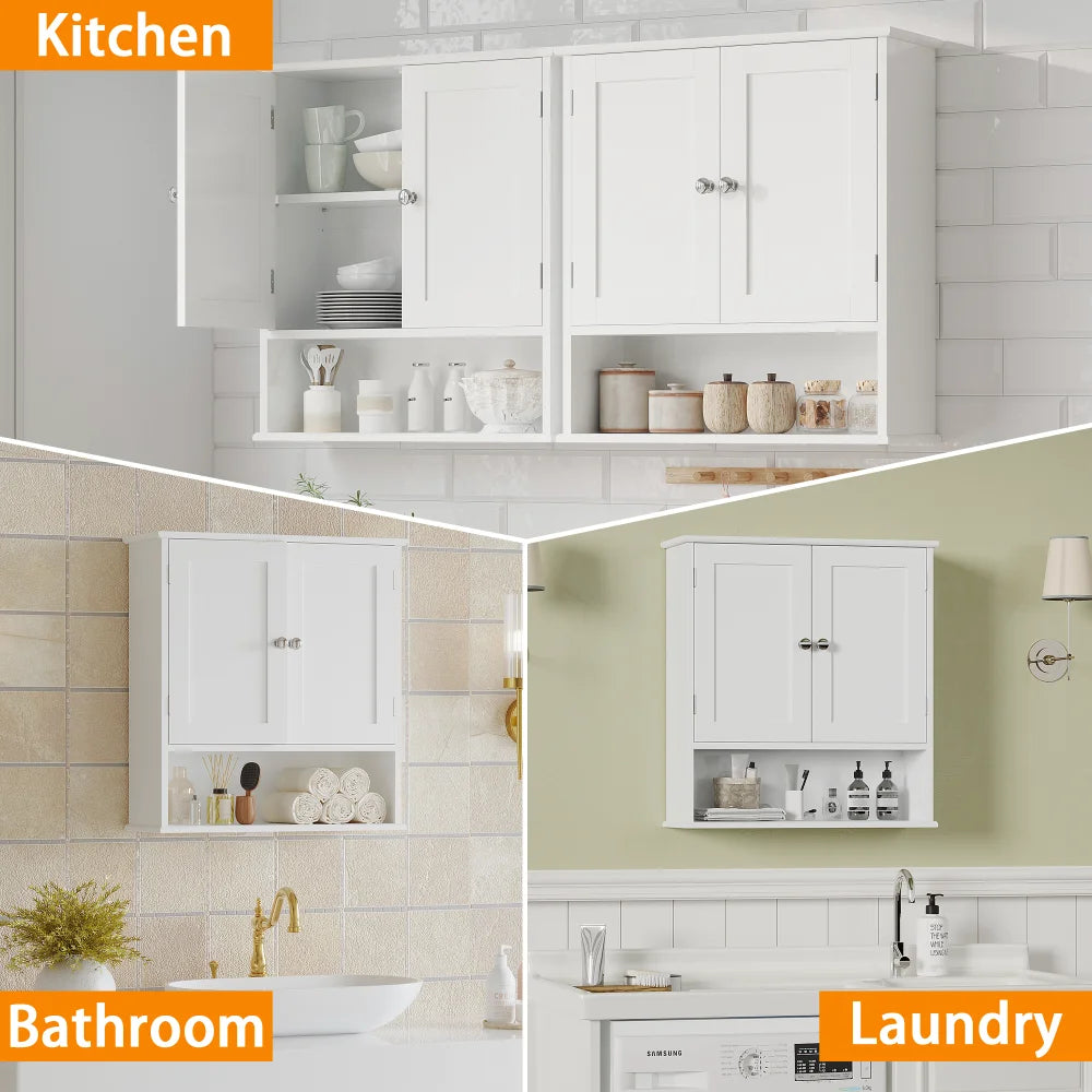 Bathroom Wall Cabinet with Door, Over Toilet Storage Cabinet with and Adjustable Shelves, 3-Tier Medicine Cabinet Wall Mounted, for Bathroom, Kitchen, Entryway, Laundry Room, White