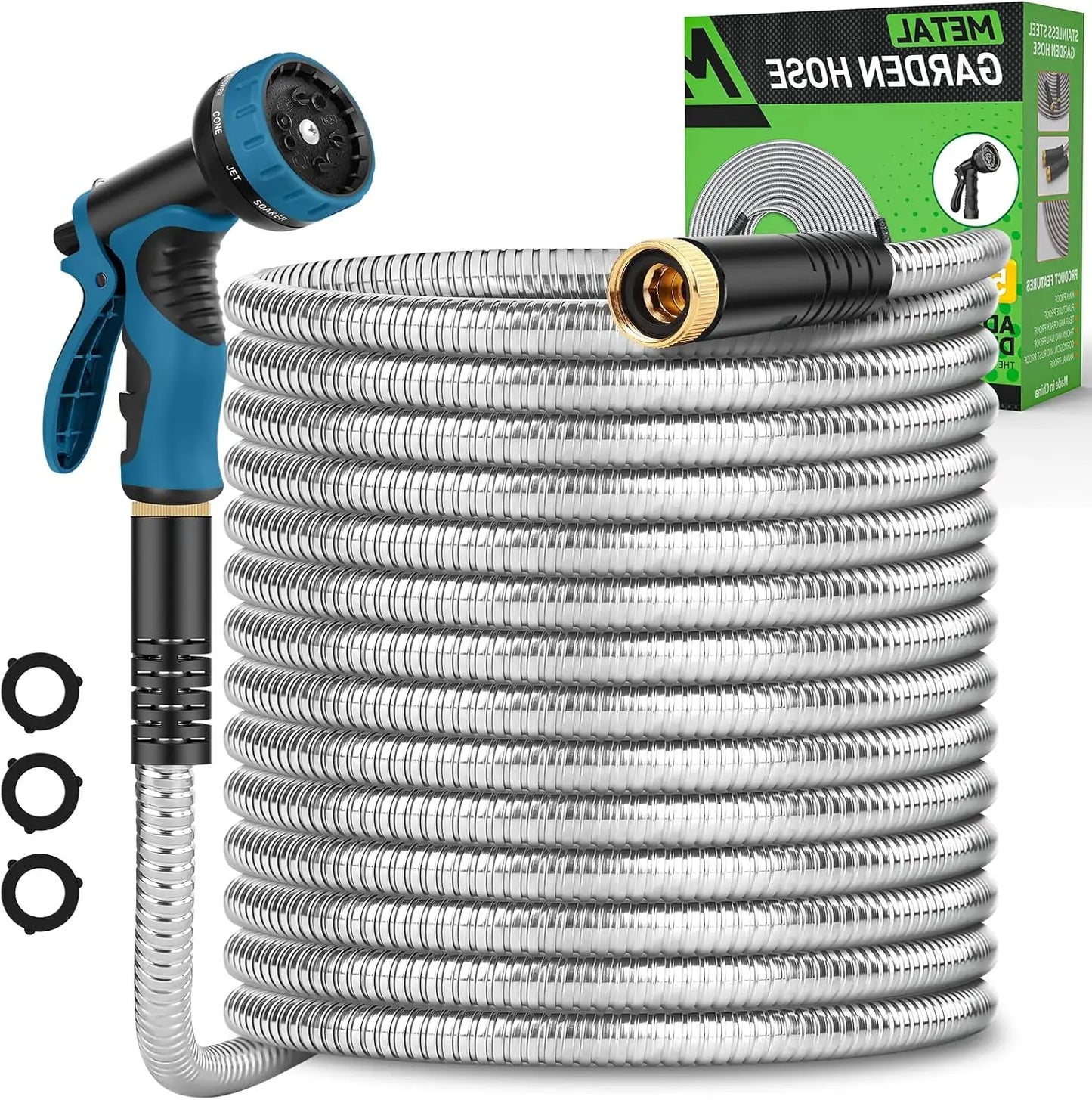 100ft Stainless Steel Garden Hose with 10 Nozzles, No Kink, Lightweight & Flexible