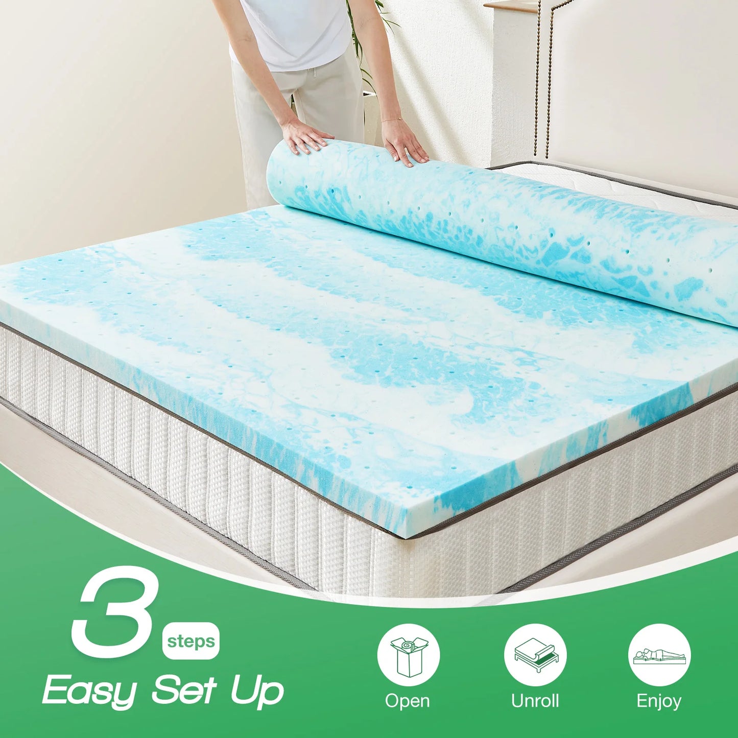 JHK 2-4 Inch Memory Foam Soft Mattress Topper Thick Gel Cooling Mattress Soft and Breathable Bed Topper Bedroom Furniture