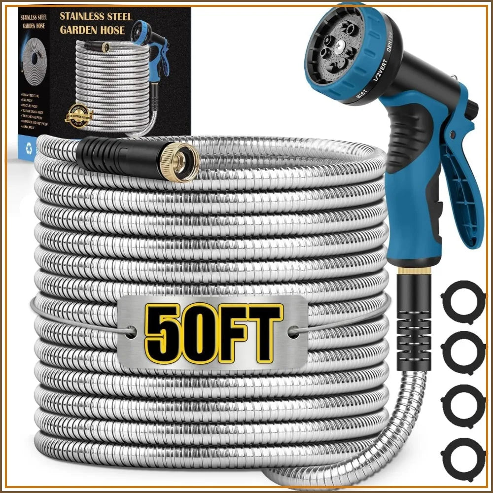 50FT Metal Garden Hose, Stainless Steel, Kink-Free, Pet Proof, 550PSI, Lightweight with 10-Function Nozzle & Brass Fittings