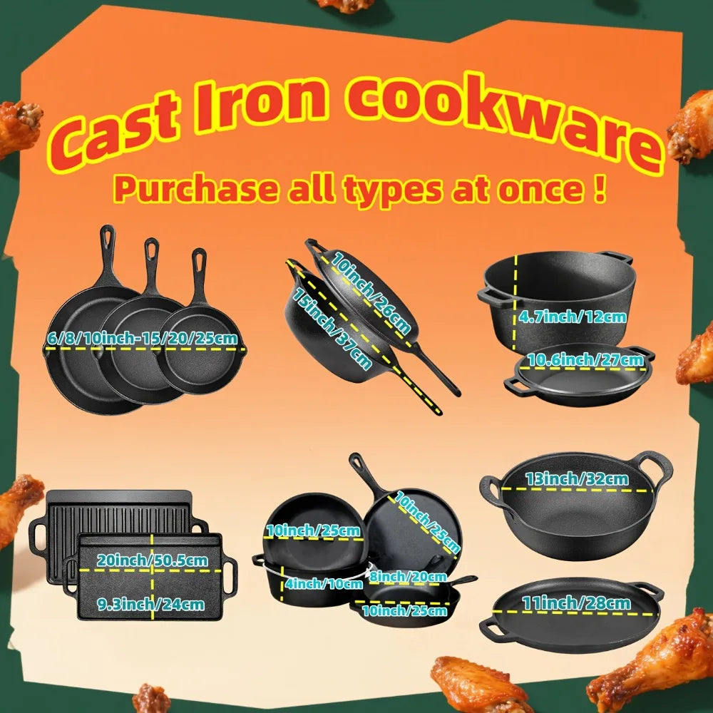 3PCS Cast Iron Skillet Set (6/8/10 Inch)  Pre-Seasoned, Heavy-Duty Pans for Oven, Grill & Campfire, Even Heat, Non-Stick Surface