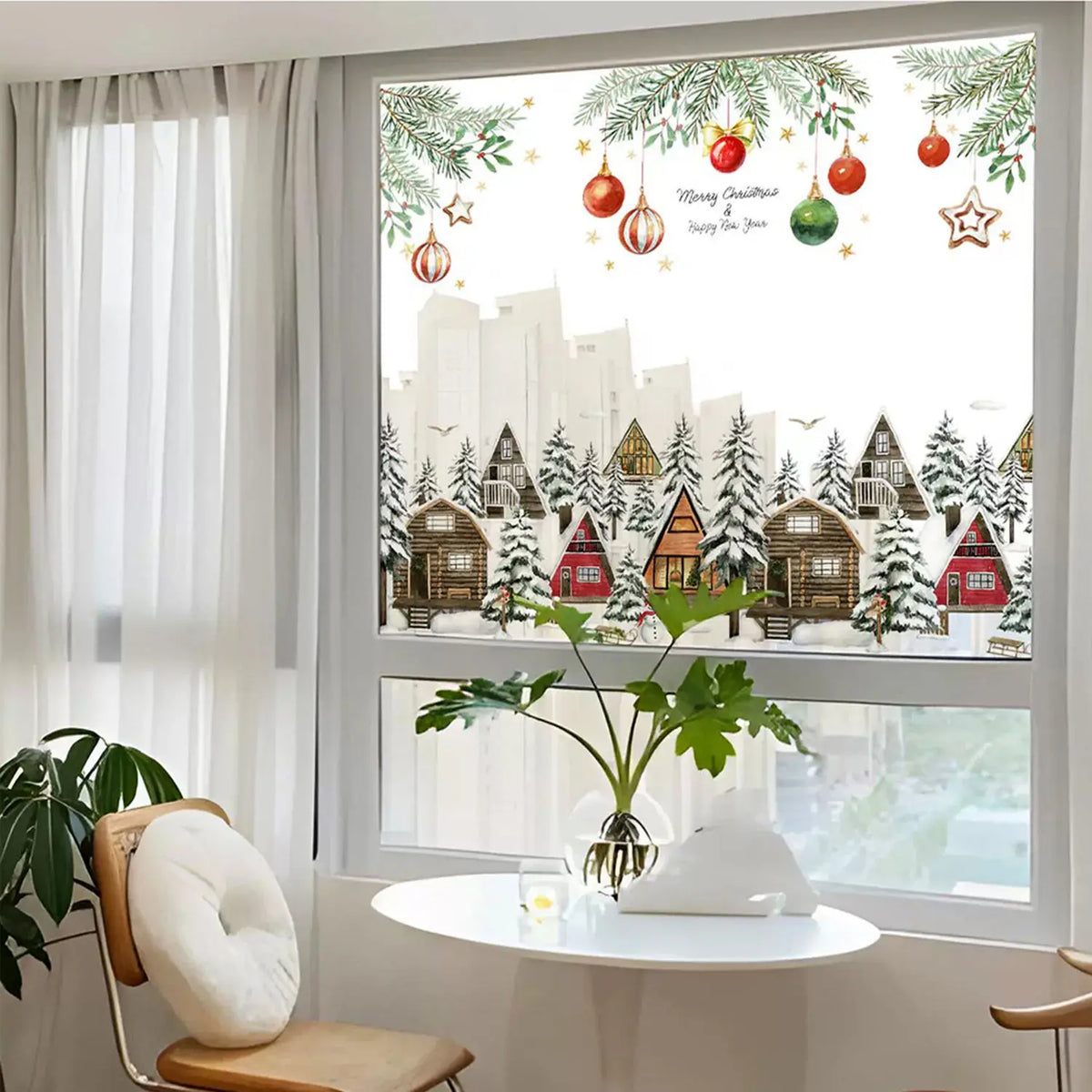 Double-Sided Christmas Window Sticker Pine Branch Xmas-Ball Stars Snowman,Static Clings Reusable Glass Film for Home Decor