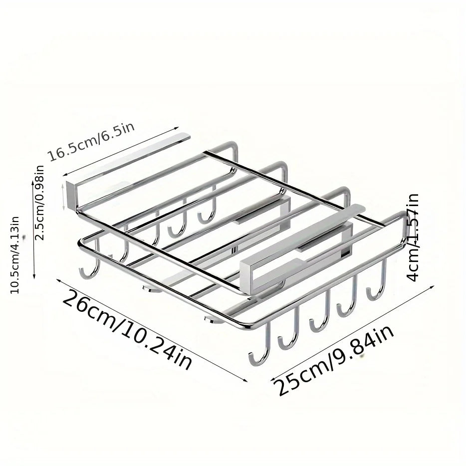 Stainless Steel No-Drill Kitchen Storage Rack for Hanging Under Cabinets, with a Board Holder, Paper Towel Holder, And Pot Lid Organizer