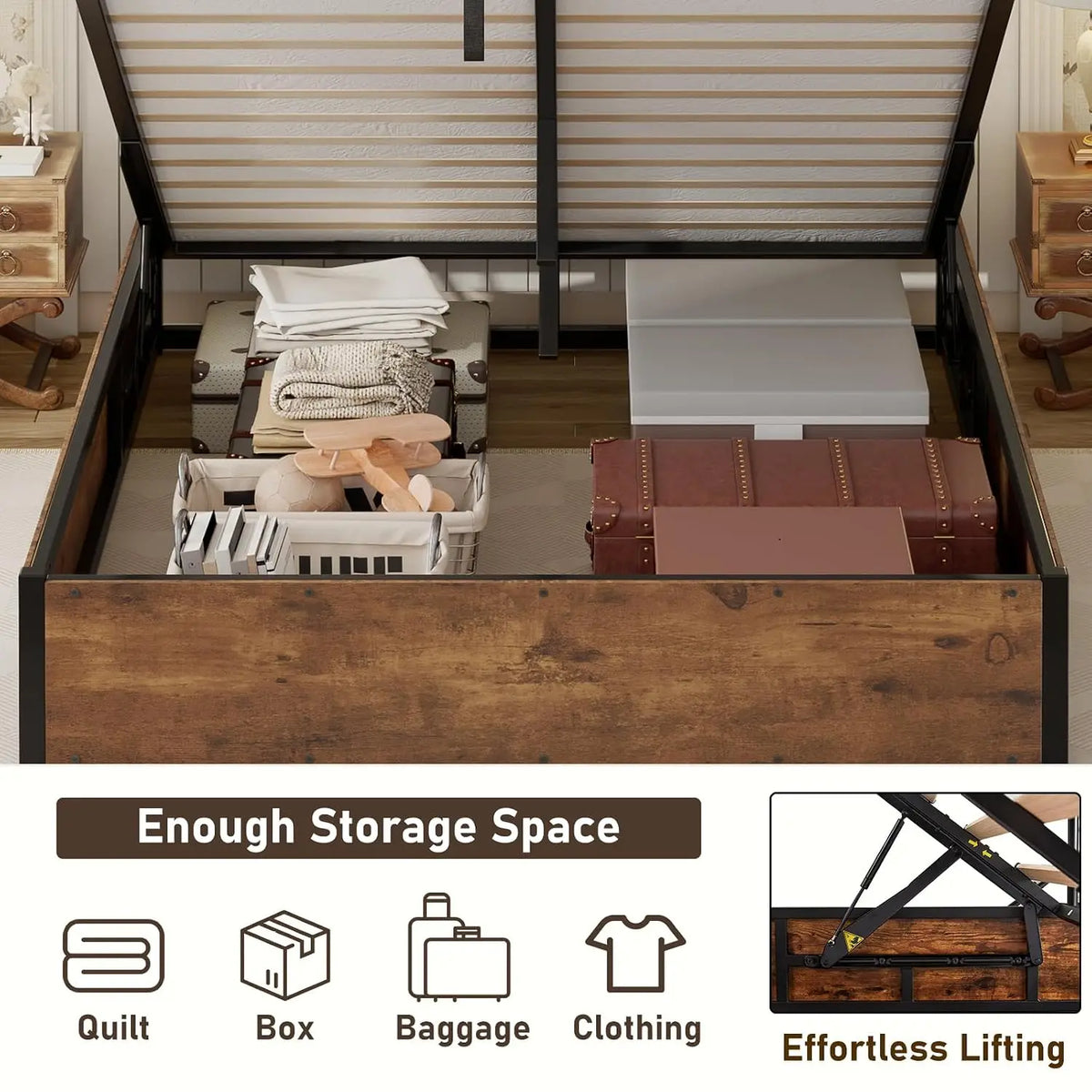 Queen Bed Frame with Lift Up Storage, Wooden Platform with Underbed Space, Rustic Brown, Customized