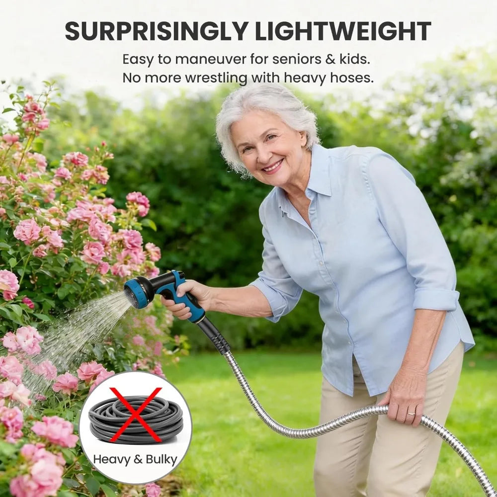 50FT Metal Garden Hose, Stainless Steel, Kink-Free, Pet Proof, 550PSI, Lightweight with 10-Function Nozzle & Brass Fittings