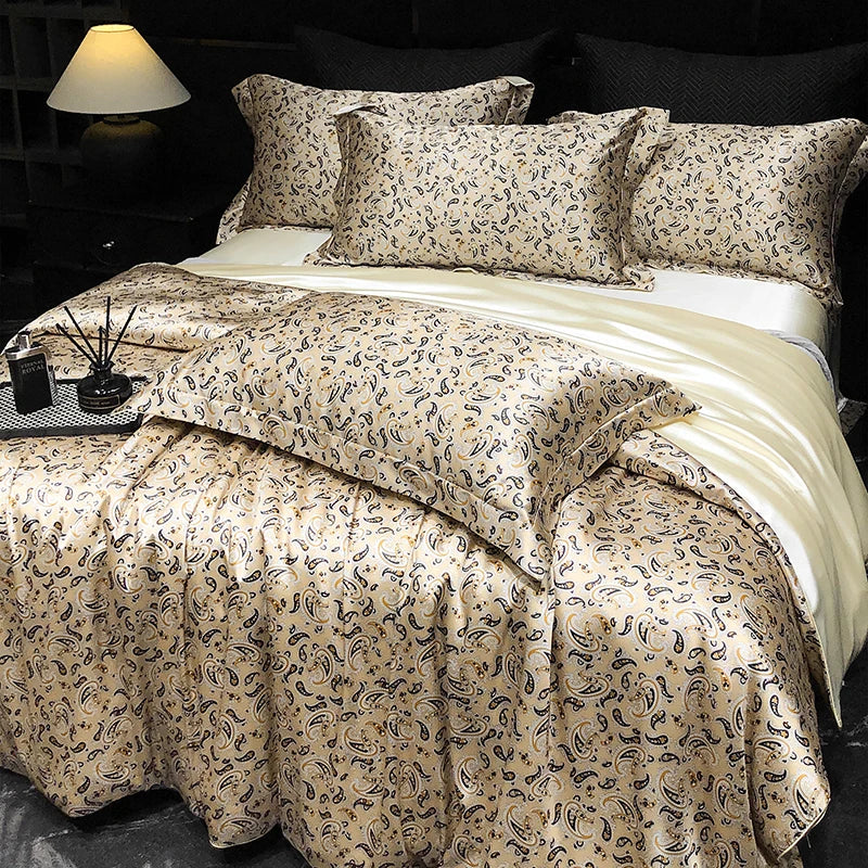 Luxury Mulberry Silk Duvet Cover High End Floral Printed Bedding Set Queen King Ice Silk Comforter Cover Bed Sheets Pillowcases