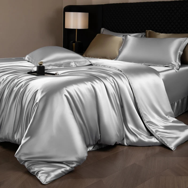 Silk Bed Sheets Set Luxury Bedding Set with Duvet Cover Fitted/Flat Bedheet Pillowcases Mixed with Rayon King Queen Full Twin