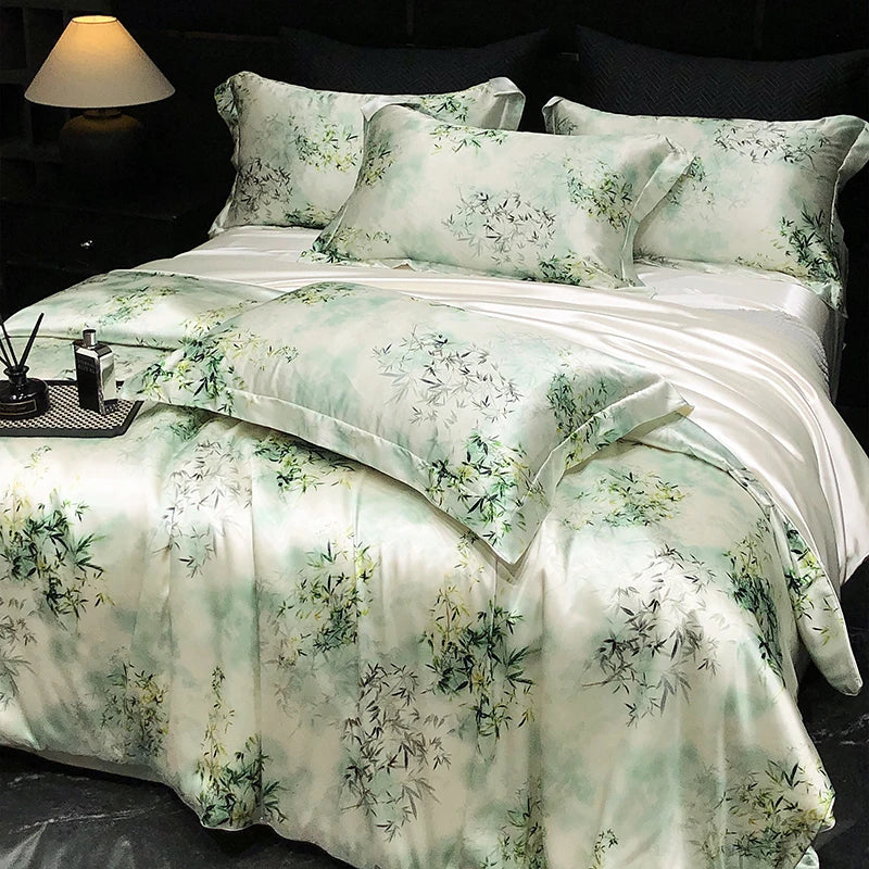 Luxury Mulberry Silk Duvet Cover High End Floral Printed Bedding Set Queen King Ice Silk Comforter Cover Bed Sheets Pillowcases