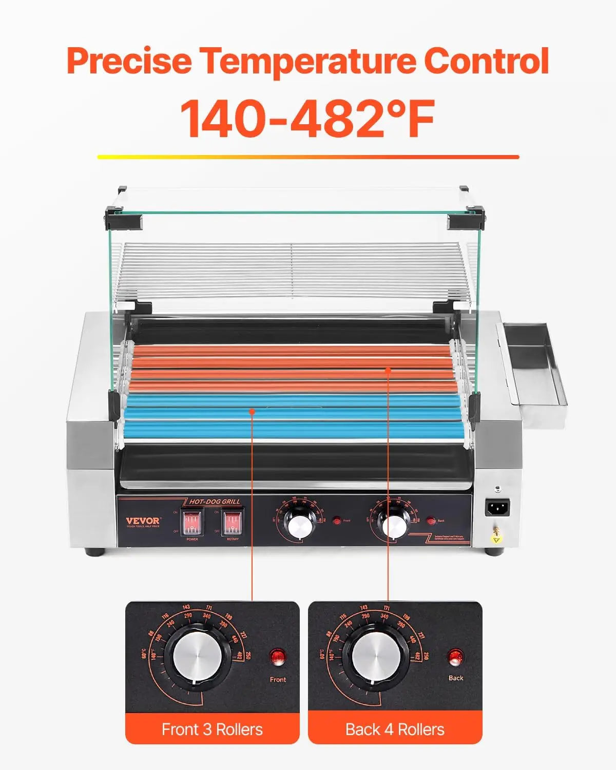 Hot Dog Roller, 18 Hot Dog 7 Rollers, Stainless Steel Sausage Grill Cooker, 1050W Commercial Hot Dog Machine with Dual Temp Cont